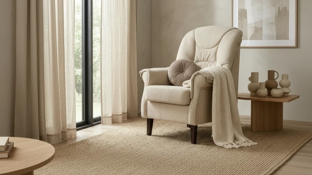 Silla de tela beige con respaldo alto en una habitación con decoración minimalista