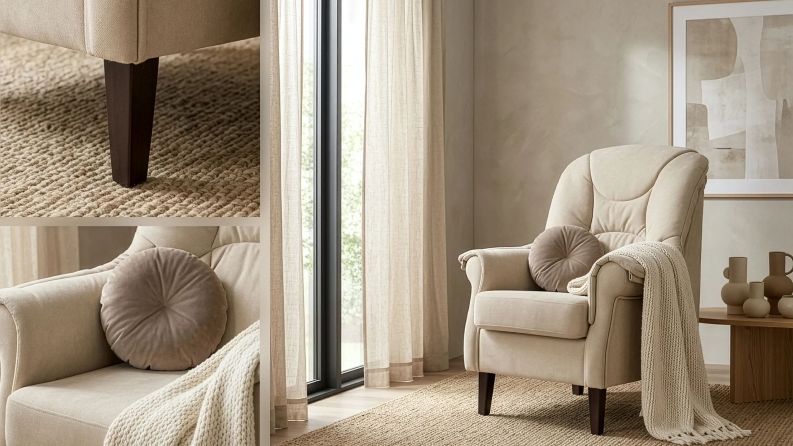 Imagen de una habitación con un sillón beige y una vista de una ventana con cortinas