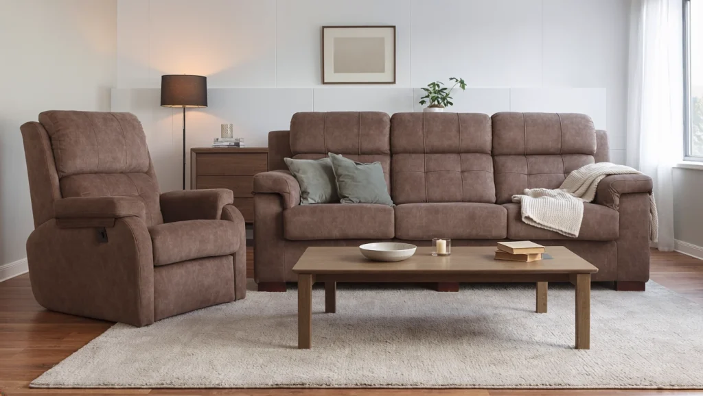 Sala de estar con sofá y sillón reclinable marrón, mesa de café de madera y alfombra beige en un ambiente acogedor