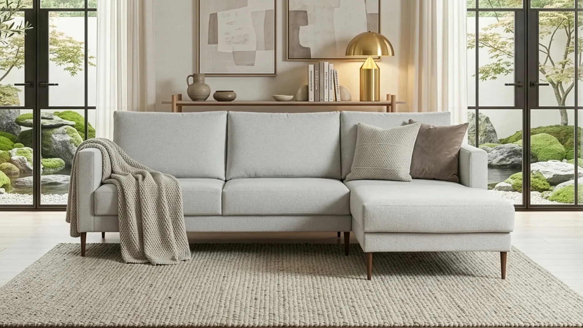 Sala de estar moderna con sofá gris claro, alfombra beige y vistas a jardín zen