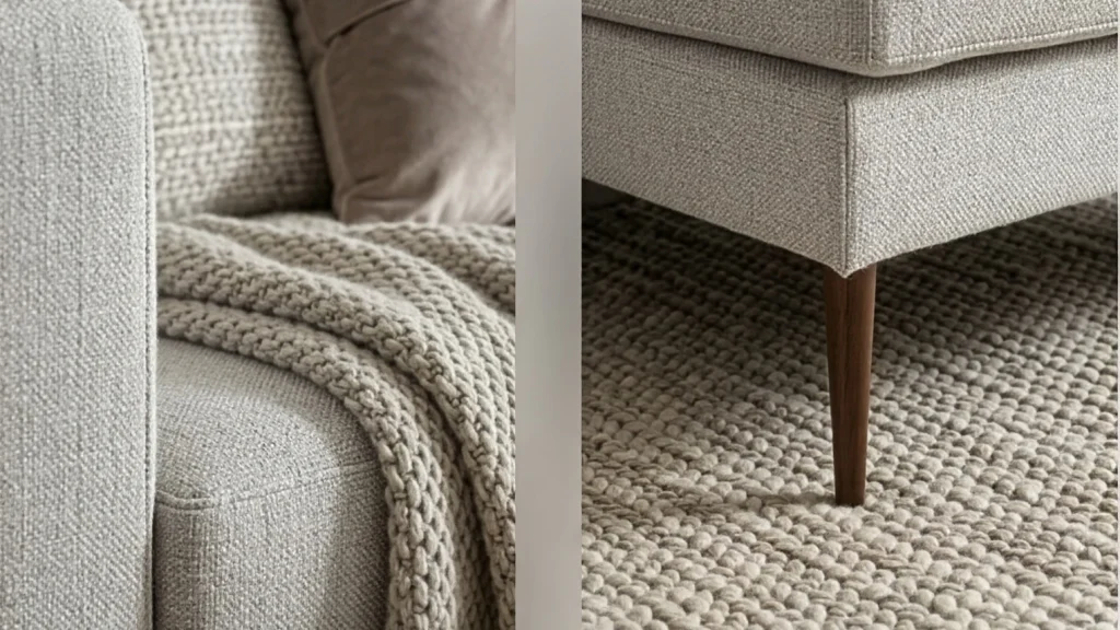Imagen de cerca de un sofá con manta y cojín, pata de madera y alfombra de lana
