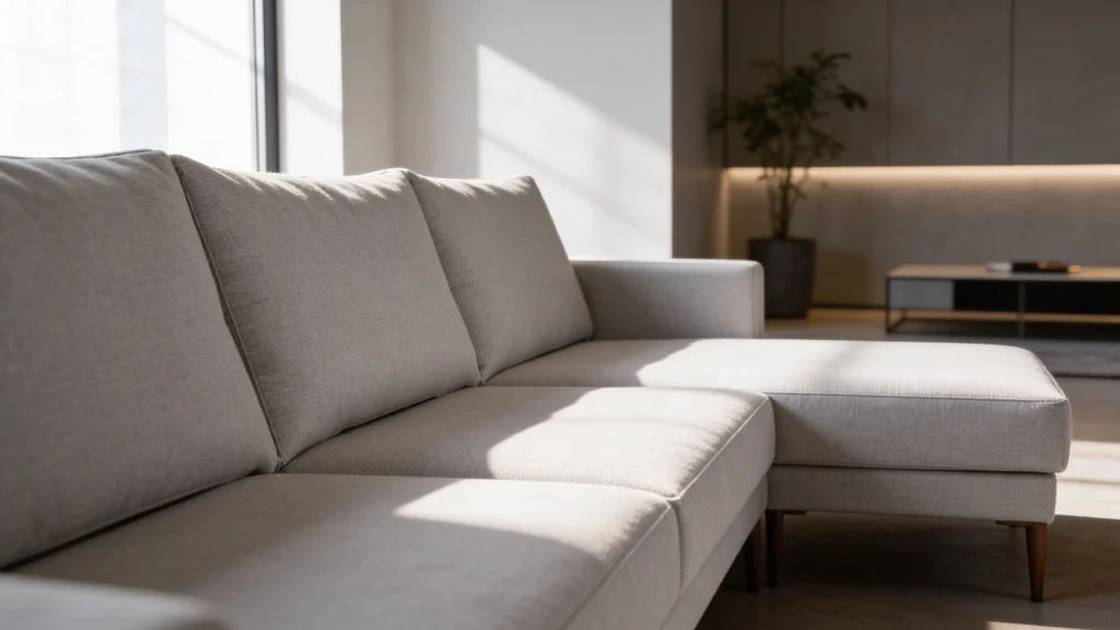 Imagen de un sofá gris claro en una habitación moderna y luminosa con patas de madera