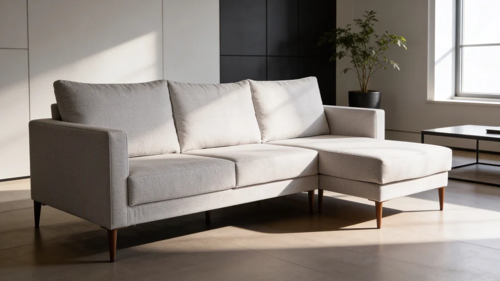 Sofa de tela gris claro en un salón moderno con suelo de madera