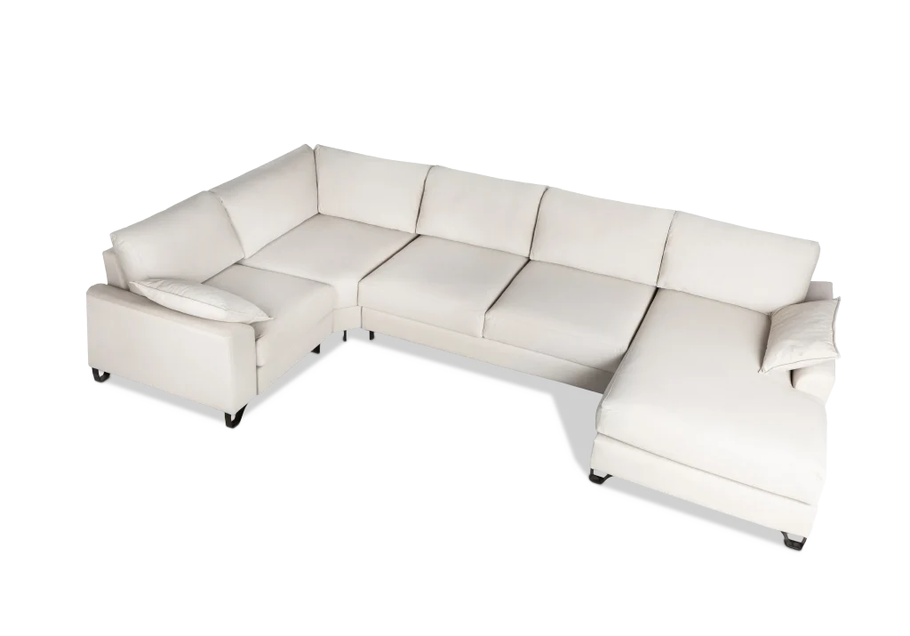 Sofá de cuero blanco en forma de L con chaise longue y asiento esquinero