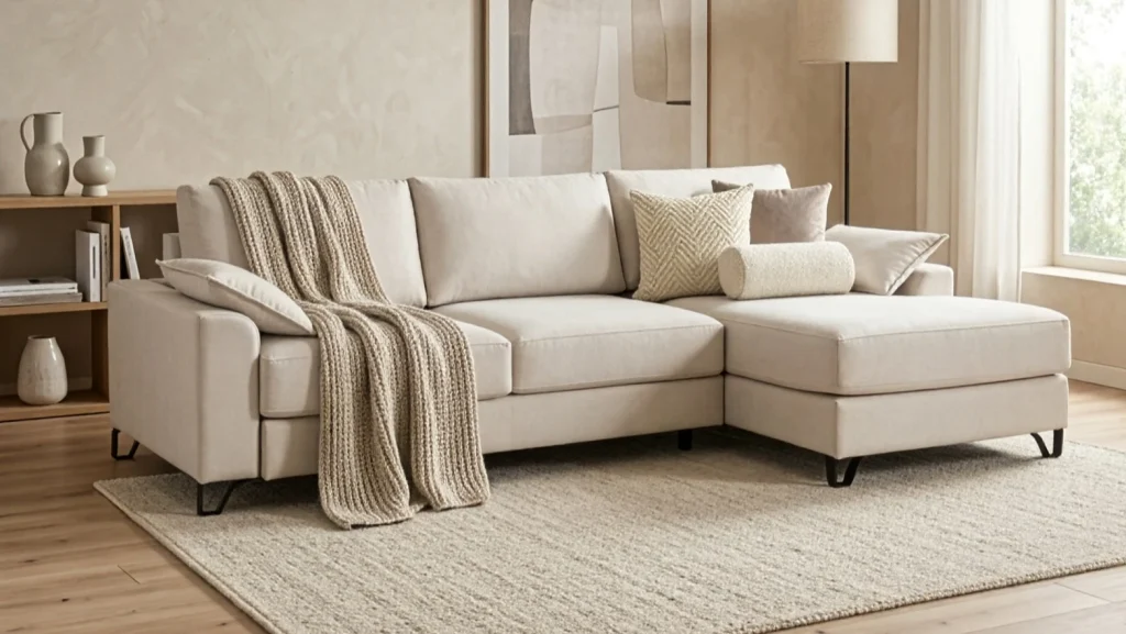 Sala de estar con sofá de esquina beige y decoración minimalista