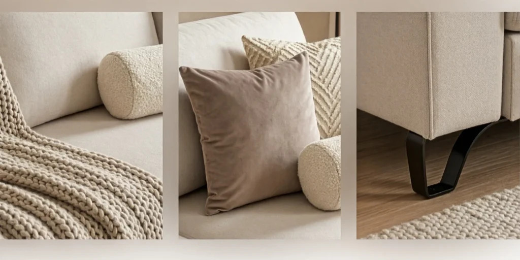 Imagen de un sofá beige con cojines y una manta de lana, detalles de tapicería y patas de metal