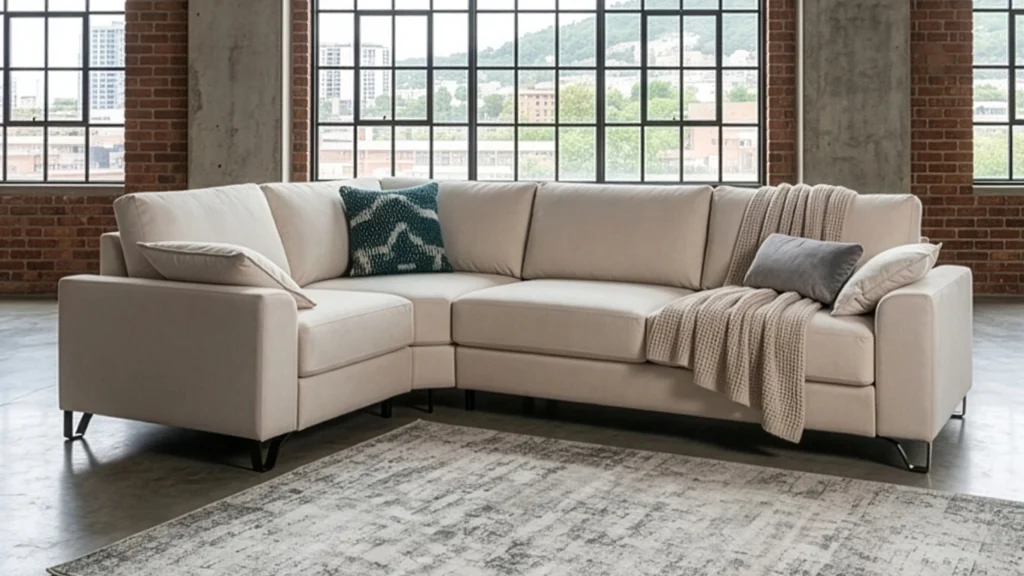 sofá de cuero blanco en una habitación moderna con ventanas grandes