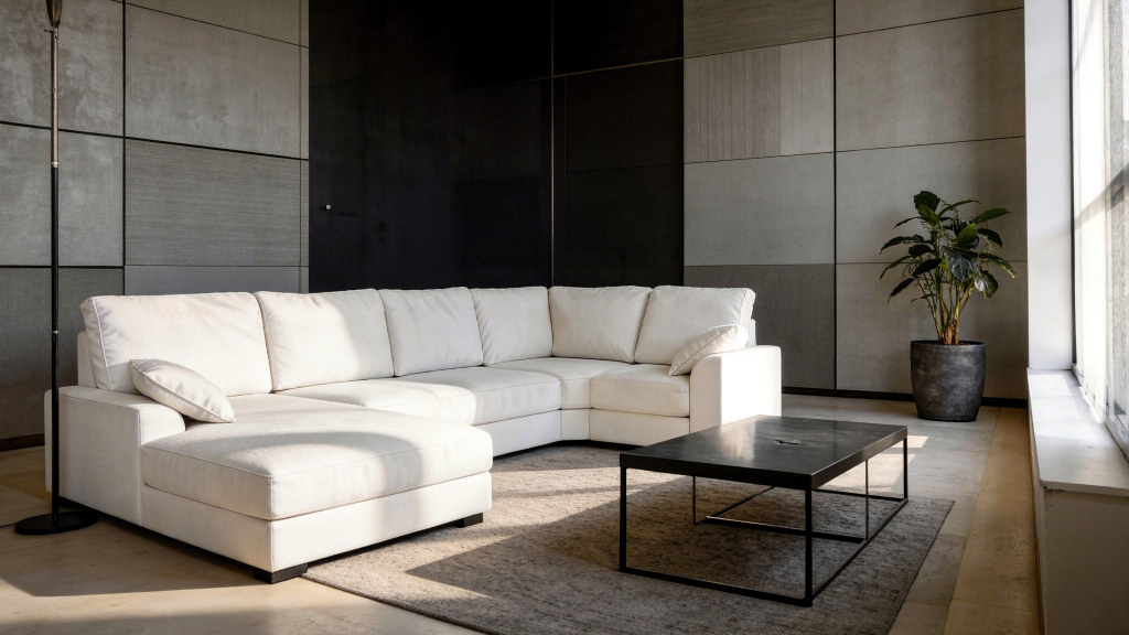 Imagen de un salón con un sofá blanco de chaise longue con asiento de código lateral