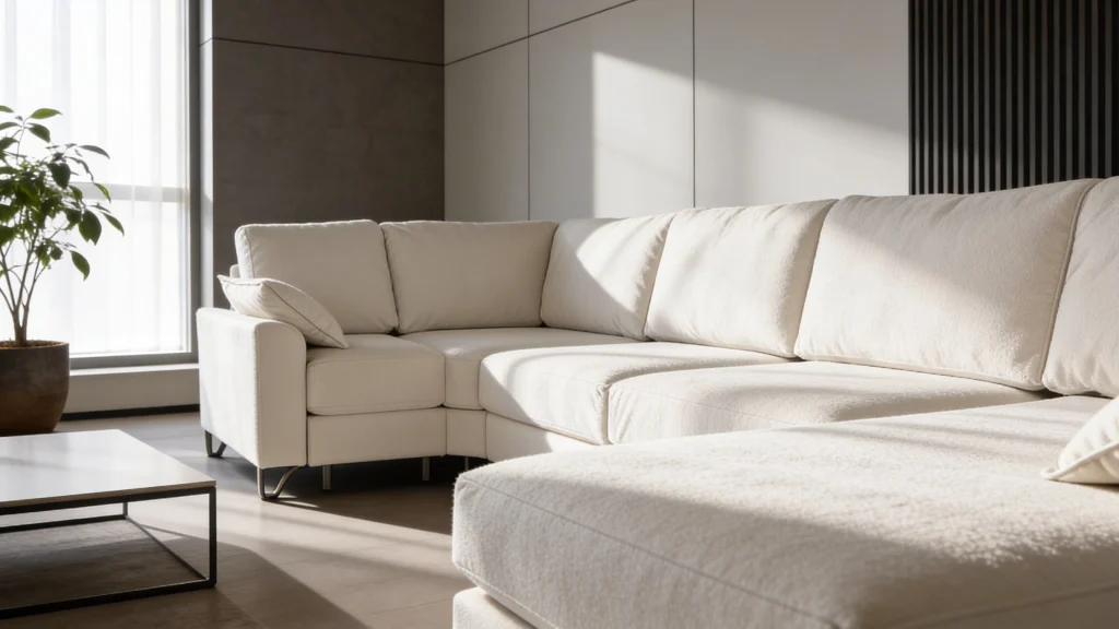 Sofa chaise longue blanca en un salón con luz natural y planta decorativa