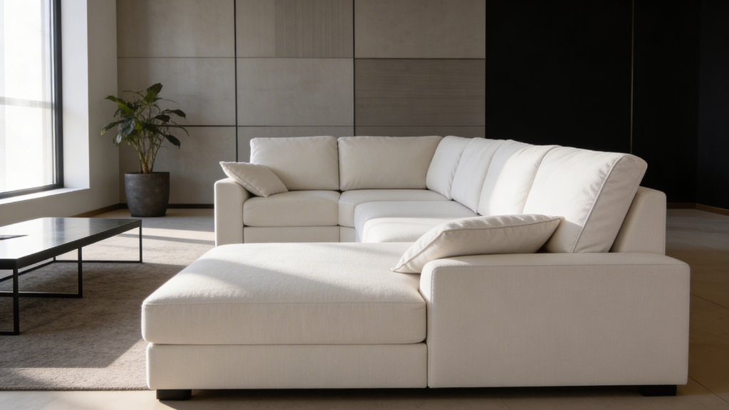 Imagen de un sofá chaise longue blanco con asiento y respaldo acolchados en un ambiente moderno