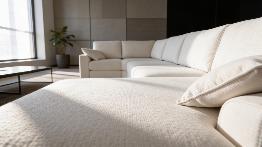 Imagen de un salón con un sofá blanco y una chaise longue con asiento de cuero lateral