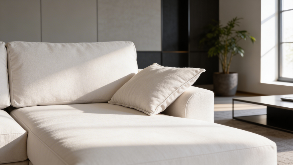 Detalle de una chaise longue blanca en un ambiente moderno con un cojín y una planta de fondo