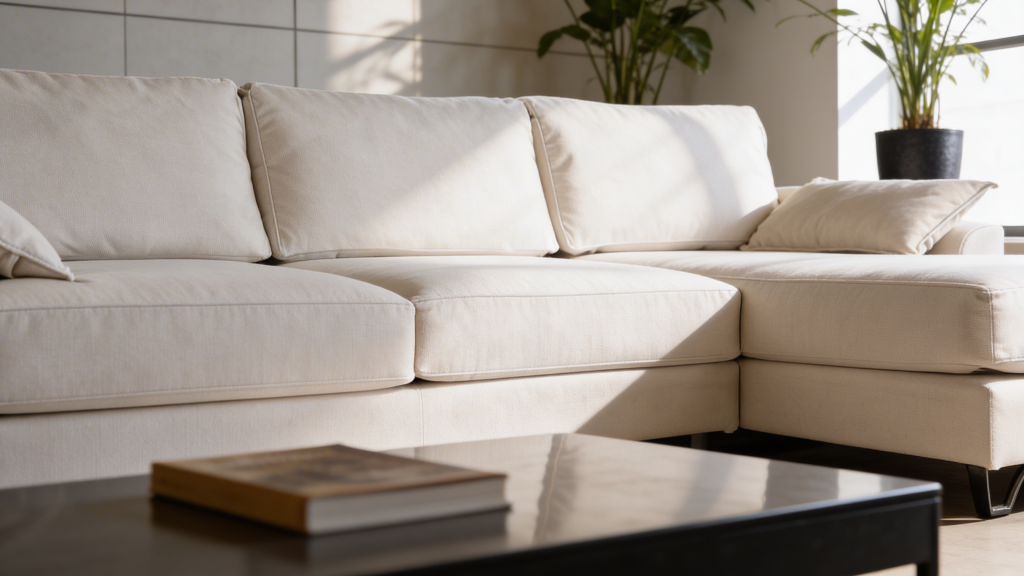 Imagen de un sofá chaise longue lateral en un ambiente moderno con una mesa de café y plantas