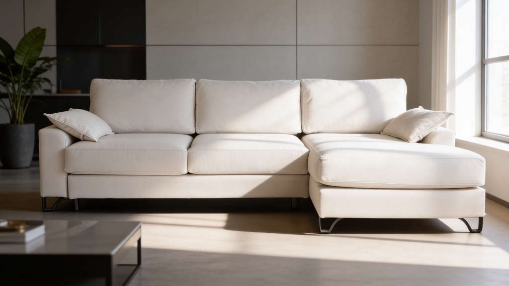 Sofa chaise longue lateral en color blanco en un salón moderno con suelo de madera y ventana