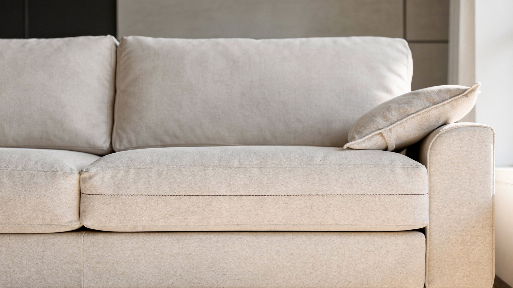 Imagen de un sofá beige con cojines y respaldo, detalle de asiento y respaldo