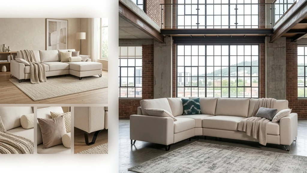 Imagen de un sofá de esquina beige en diferentes entornos de habitación con detalles de diseño