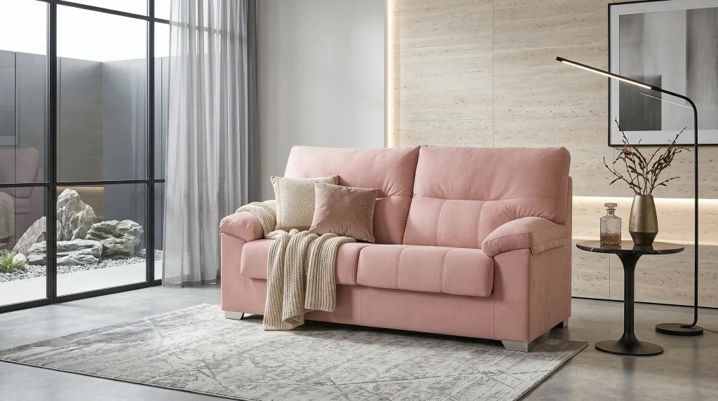 Sofa rosa en un ambiente minimalista con decoración moderna y minimalista