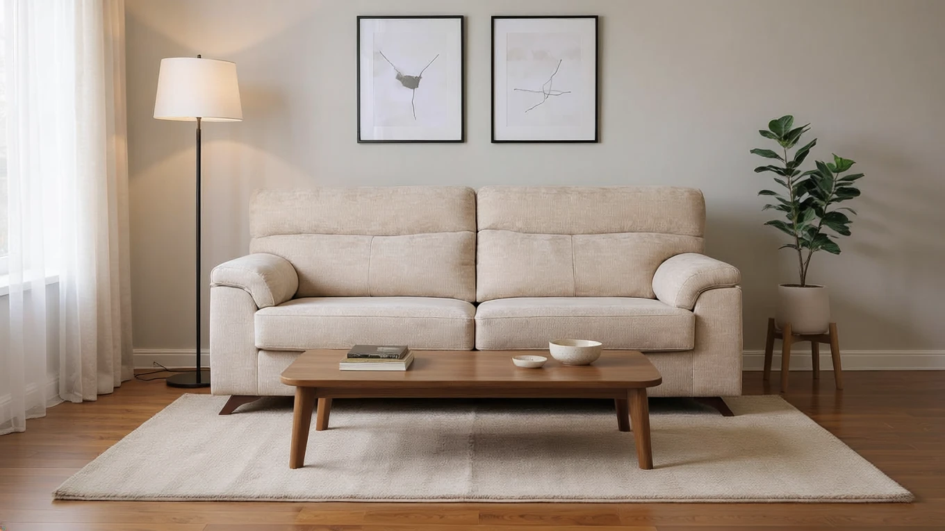 Sala de estar con sofá beige, mesa de madera y lámpara