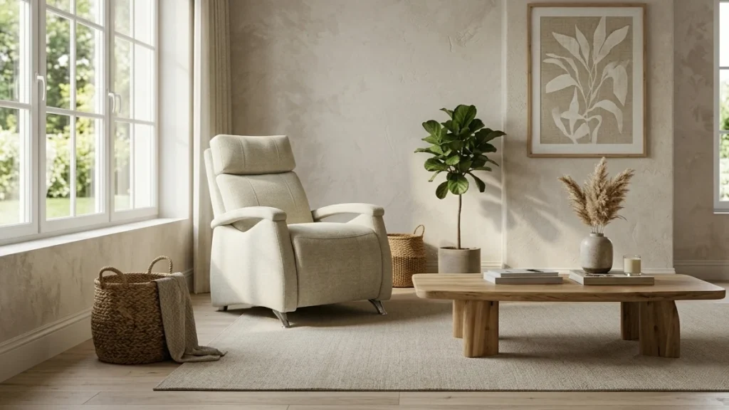 Sala de estar con silla reclinable beige, mesa de madera y plantas decorativas