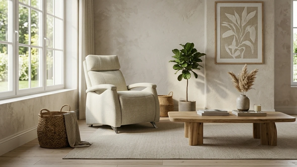 Sala de estar con silla reclinable beige, mesa de madera y plantas decorativas