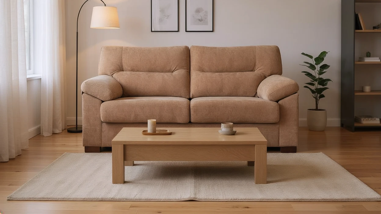 Sofá de color marrón claro en un salón con mesa de café de madera