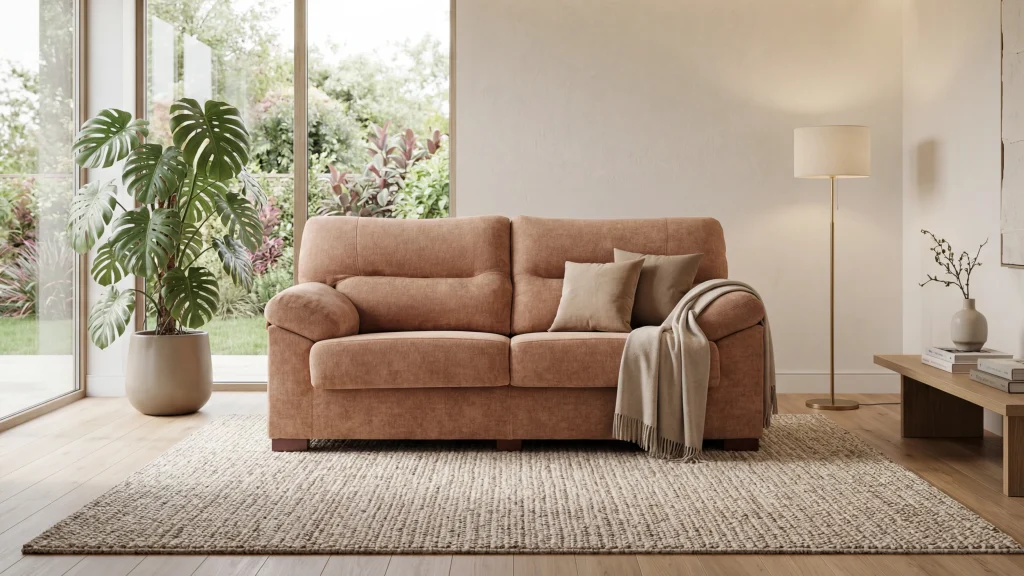 Sofá marrón claro en salón con grandes ventanales y plantas