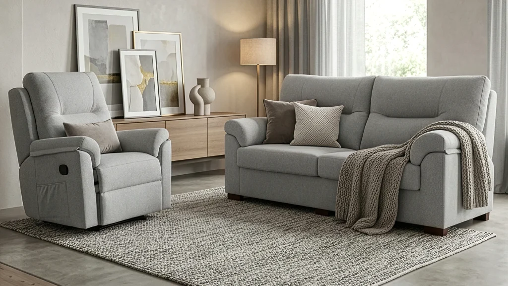 Sala de estar con sofá y sillón reclinable grises