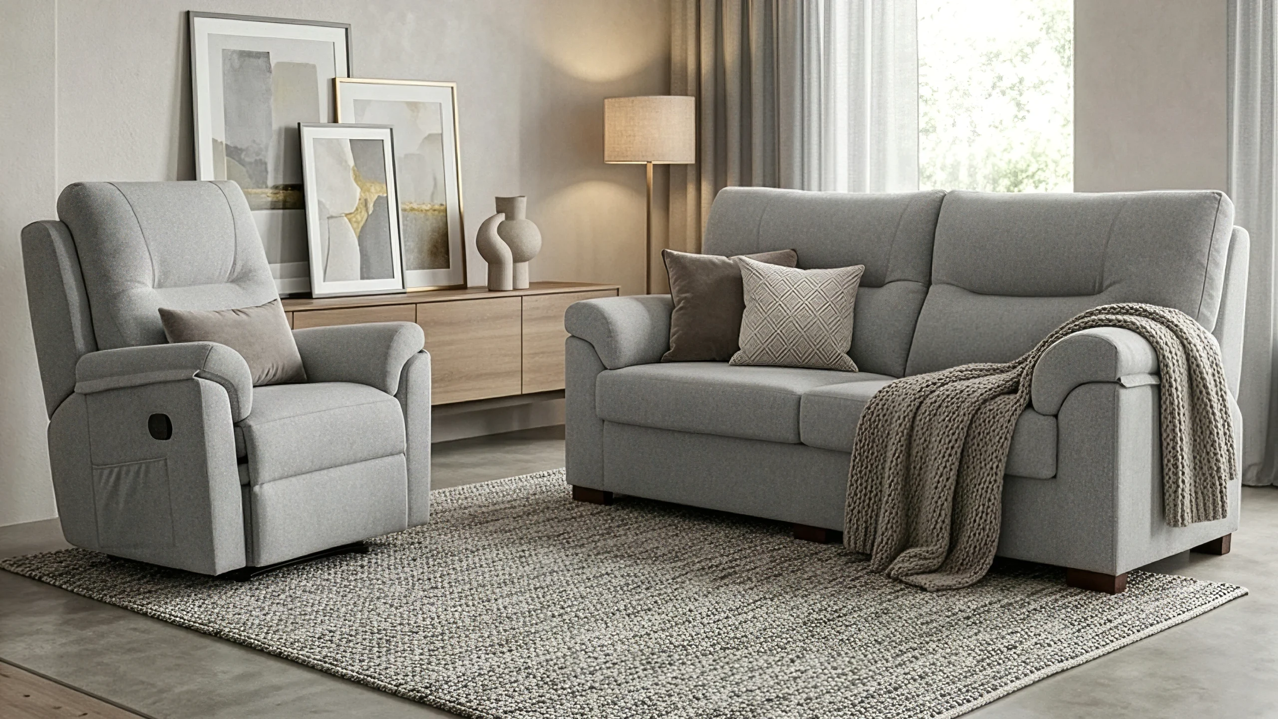 Sala de estar con sofá y sillón reclinable grises