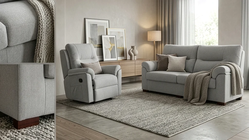 Imagen de un salón con un sofá y un sillón reclinable gris, con detalles de textura y decoración