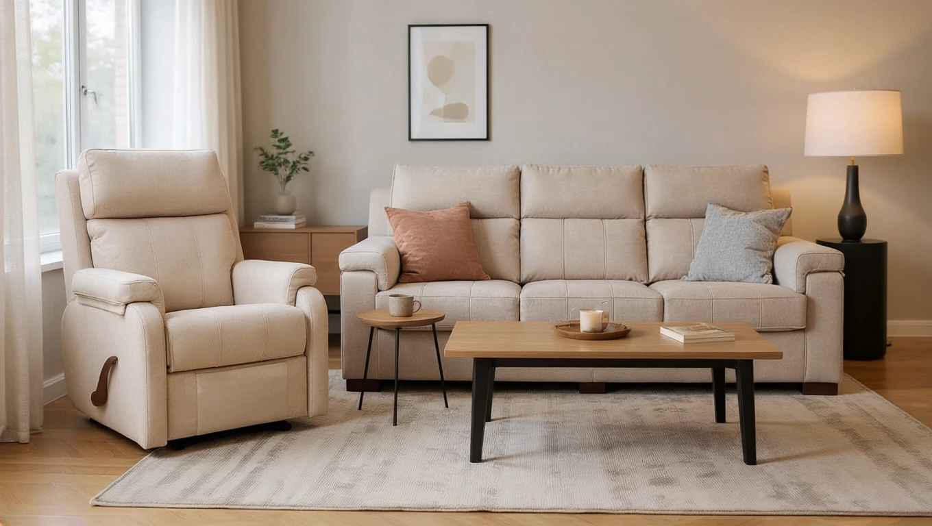 Imagen de un salón relajante con un sofá Lima y un sillón Kenia en tonos beige, acompañado de una mesa de café de madera y una lámpara.