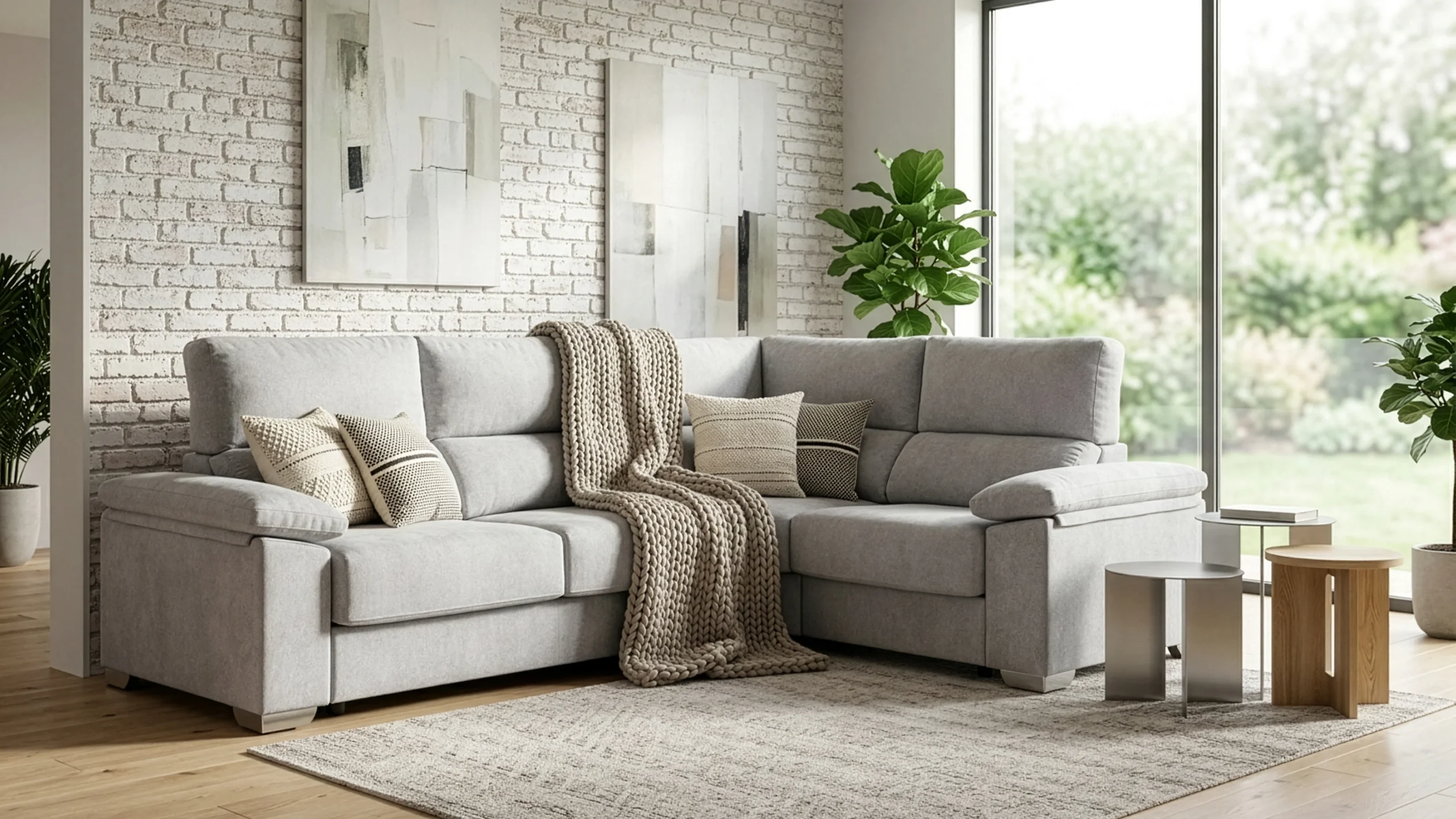 Sala de estar con sofá gris claro y decoración minimalista