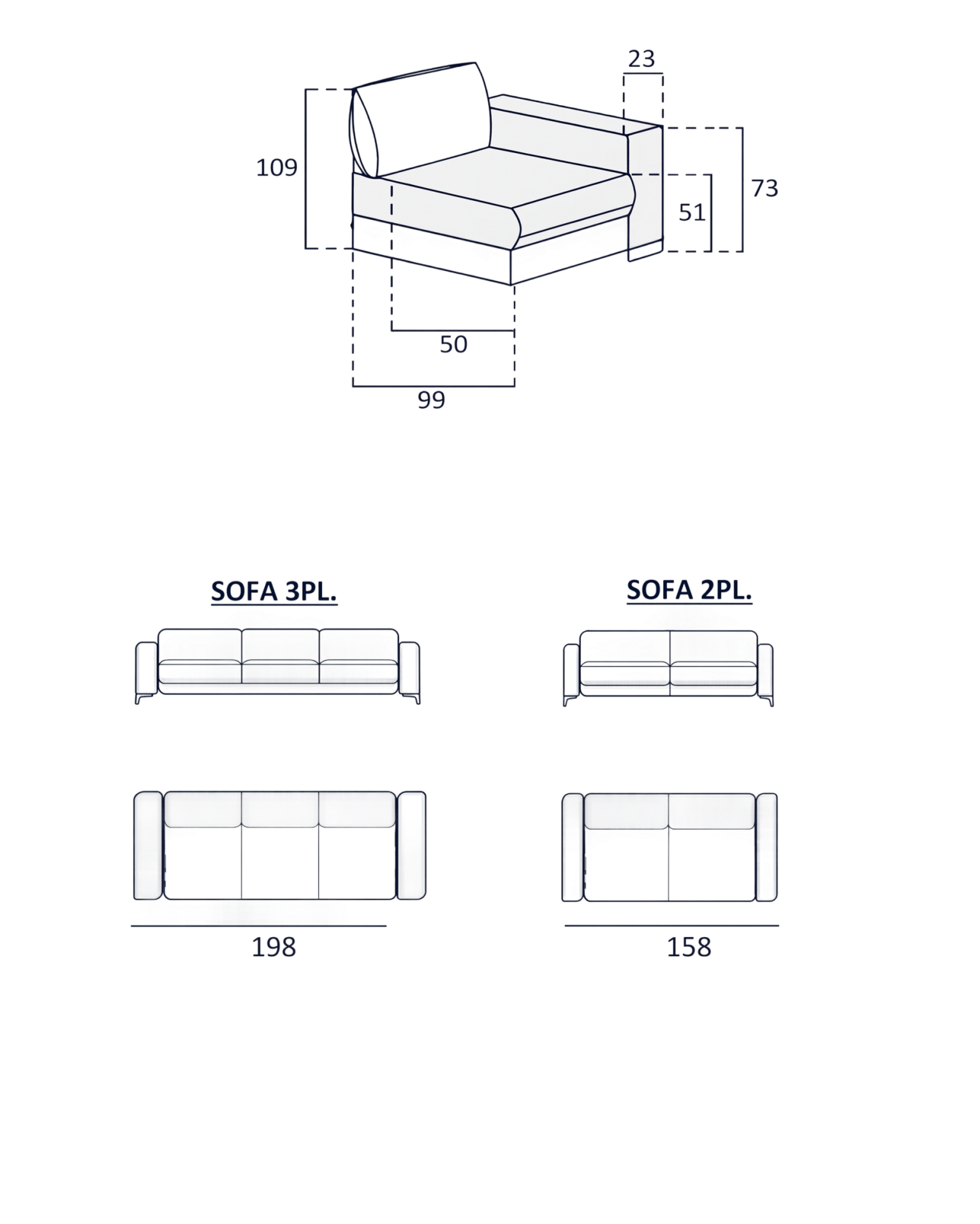 Dibujo técnico de un sofá con medidas y vistas en perspectiva