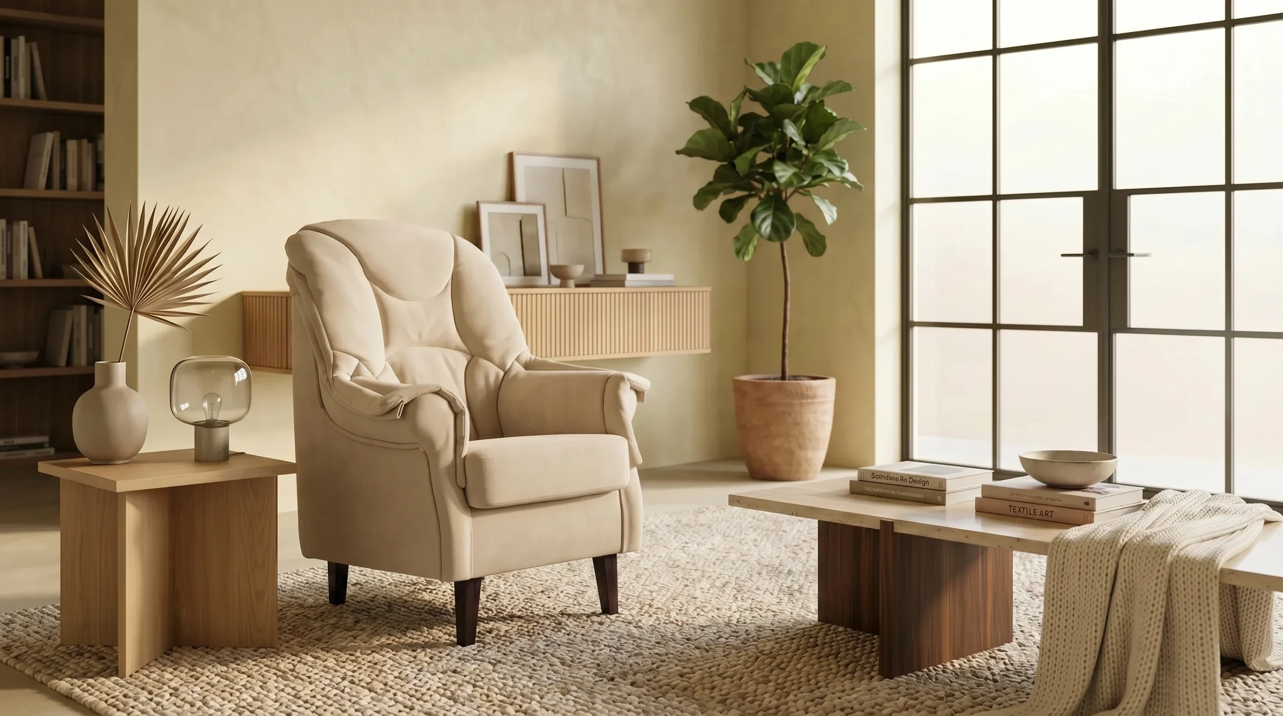 Sala de estar con silla reclinable beige y mesa de centro de madera