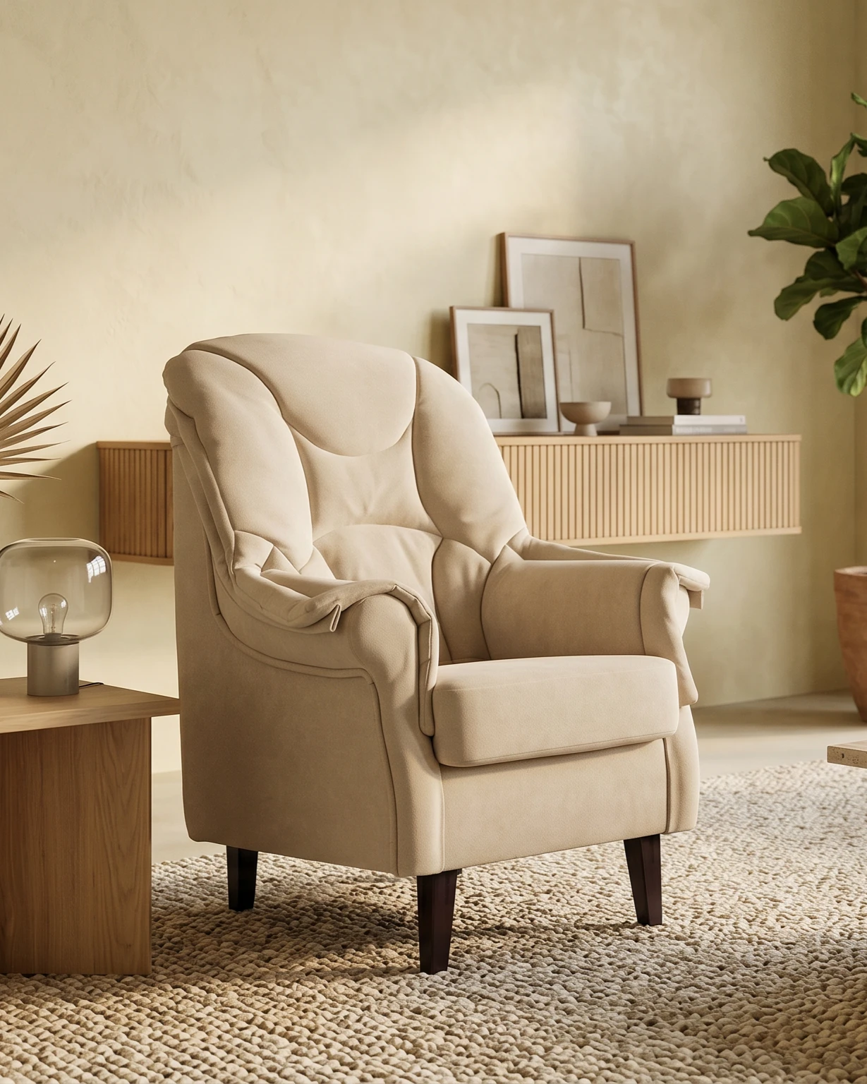 Silla de estar beige con patas de madera oscura en una habitación con decoración minimalista