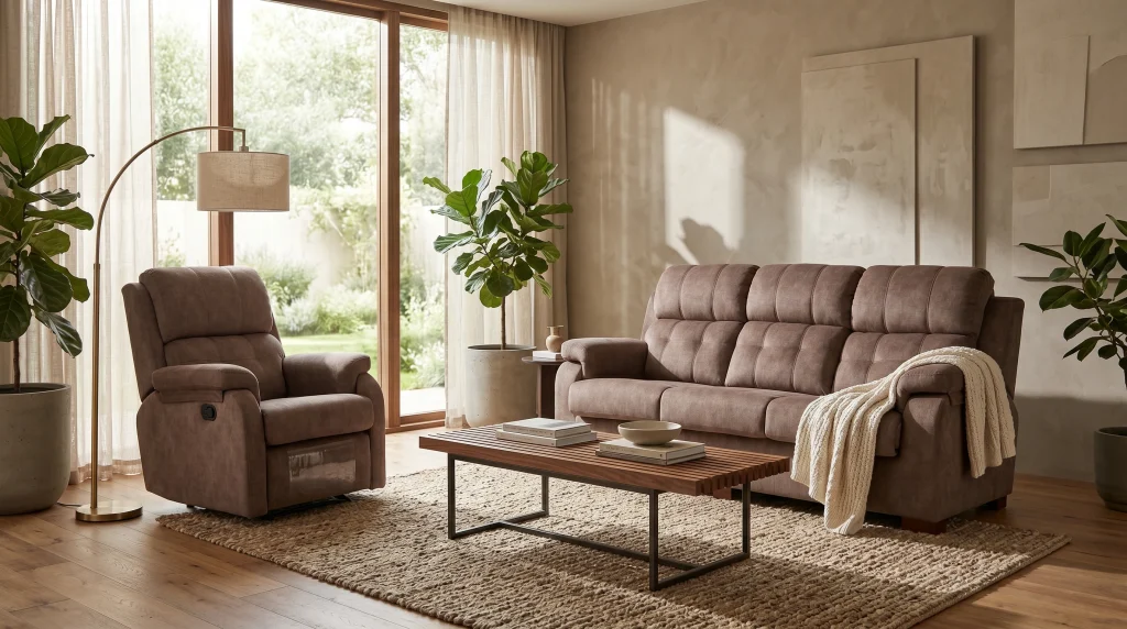 Sala de estar con sofá y sillón reclinable, mesa de café de madera y plantas