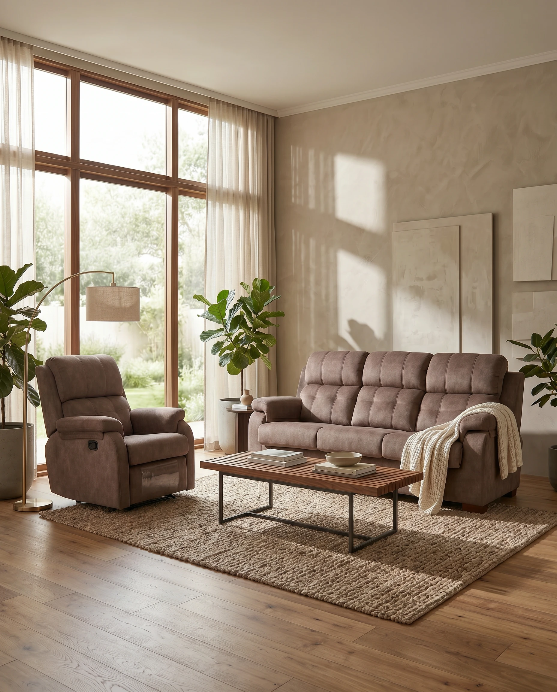 Sala de estar con sofá y sillón reclinable, mesa de café de madera y plantas en macetas