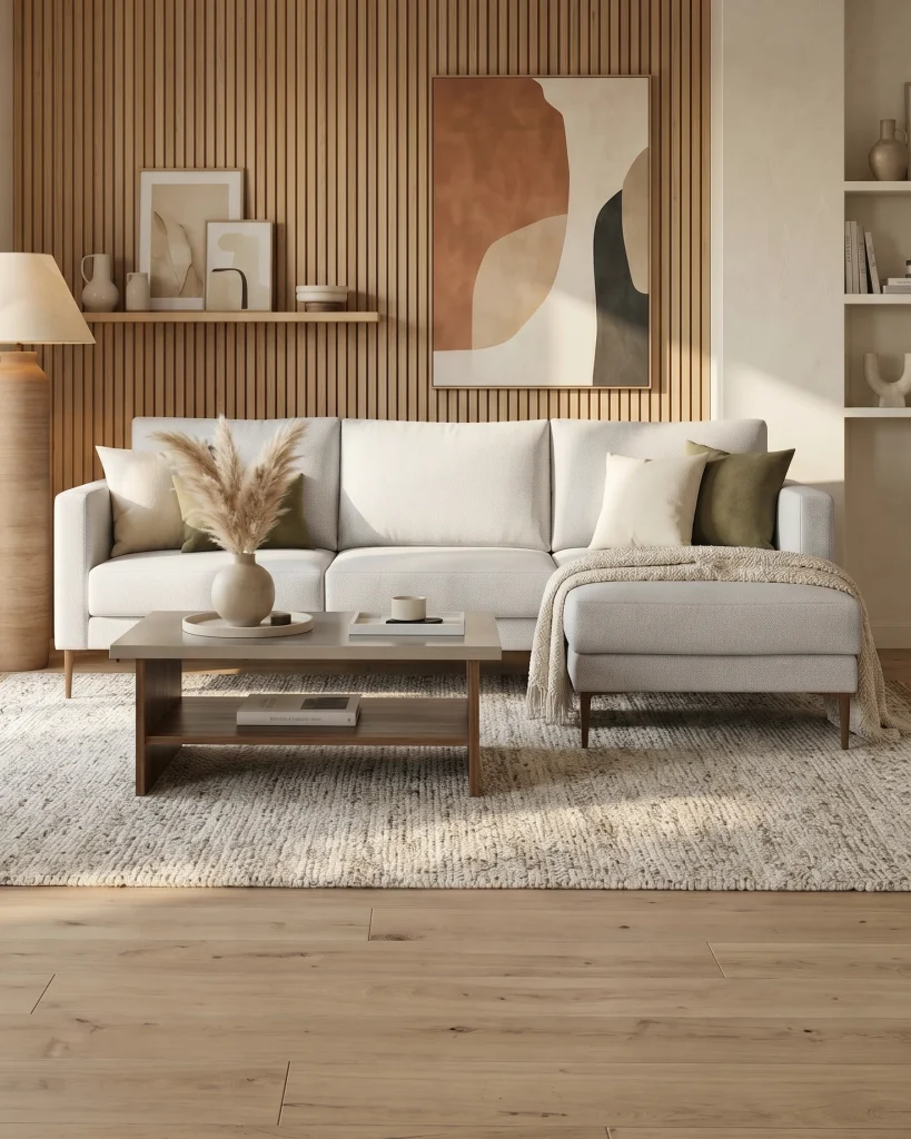 Sala de estar moderna con sofá blanco, mesa de café de madera y decoración minimalista