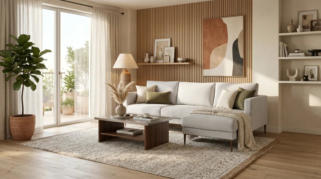 Sala de estar con sofá gris, mesa de café de madera y plantas en macetas, con luz natural y una vista al balcón