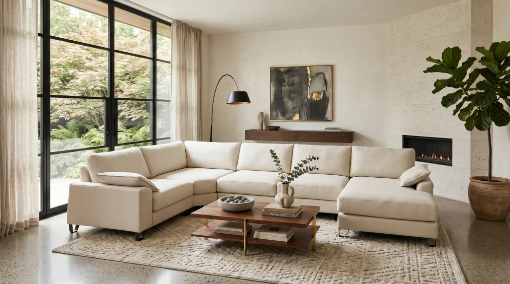 Sala de estar moderna con sofá de sección en beige, chimenea y vistas al jardín
