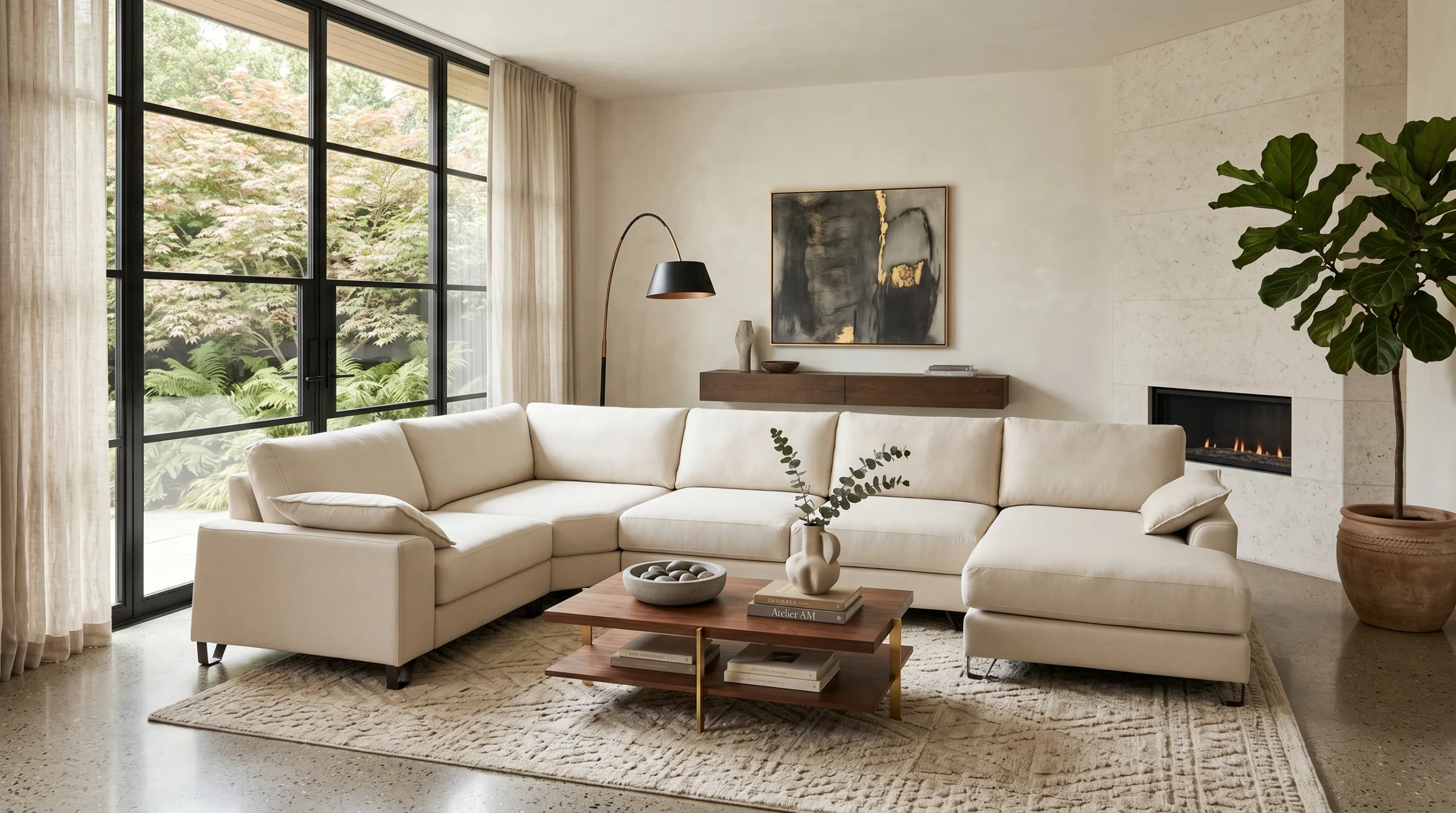 Sala de estar moderna con sofá de sección en beige, chimenea y vistas al jardín