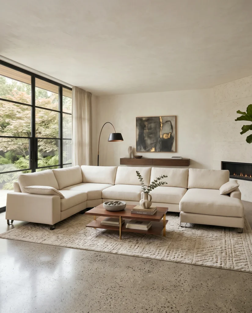 Sala de estar moderna con sofa blanco y chimenea en pared de piedra