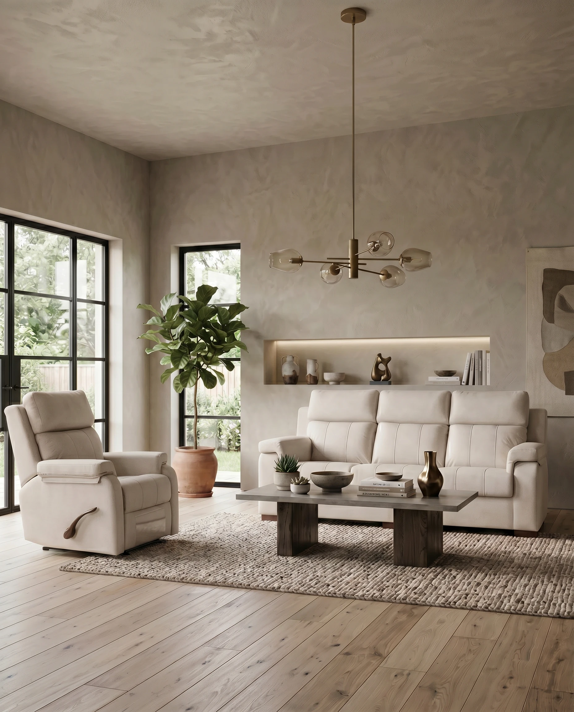 Sala de estar moderna con sofá y sillón reclinable en beige, mesa de café de madera y planta en maceta grande