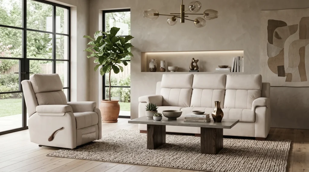 Sala de estar moderna con sofá de cuero blanco y sillón reclinable