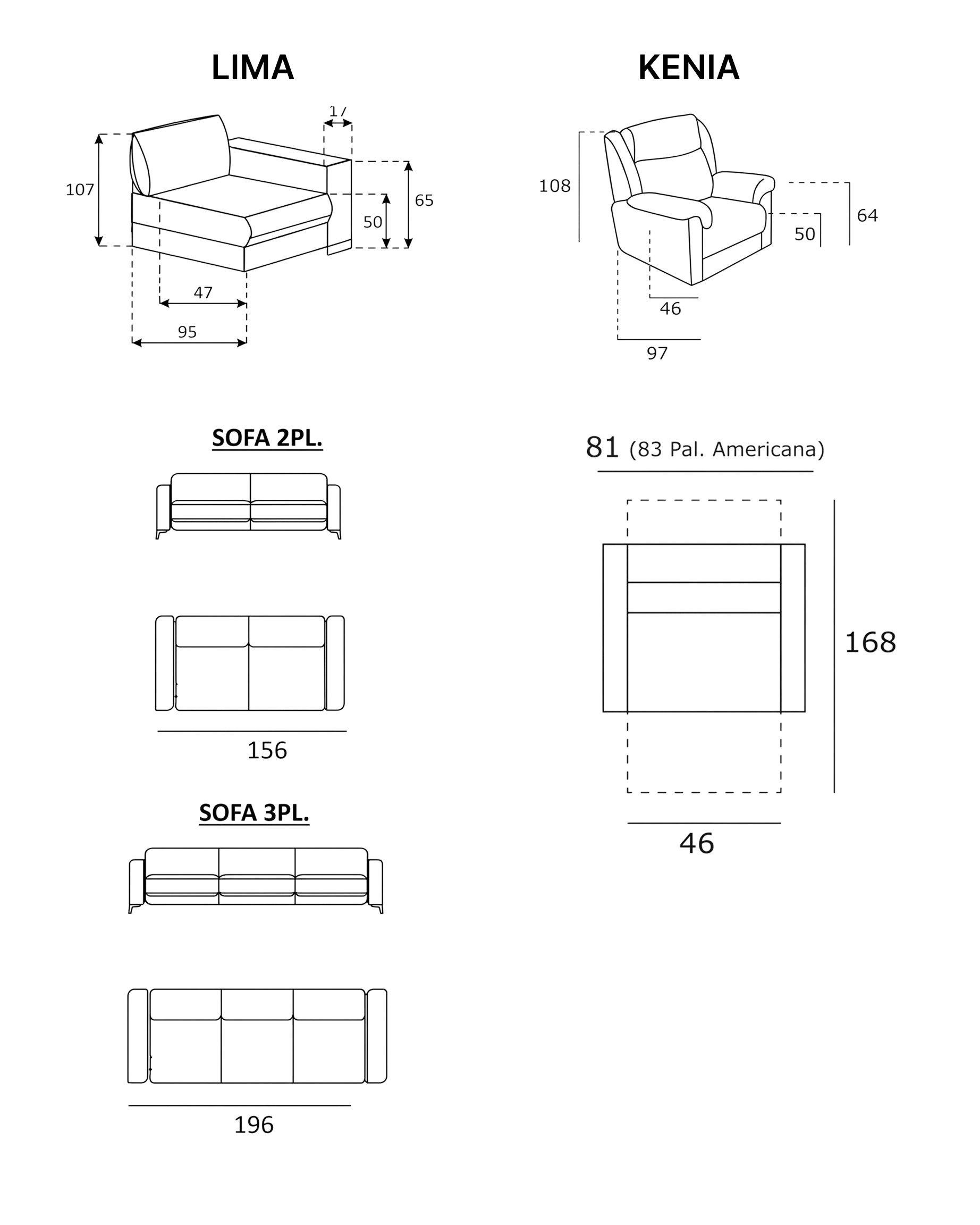 Diagrama técnico de los muebles Kenia y Lima con medidas detalladas