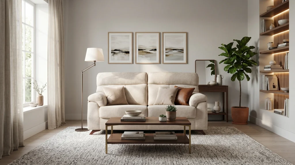 Sala de estar con sofá beige, mesa de café de madera y estanterías con libros y decoración