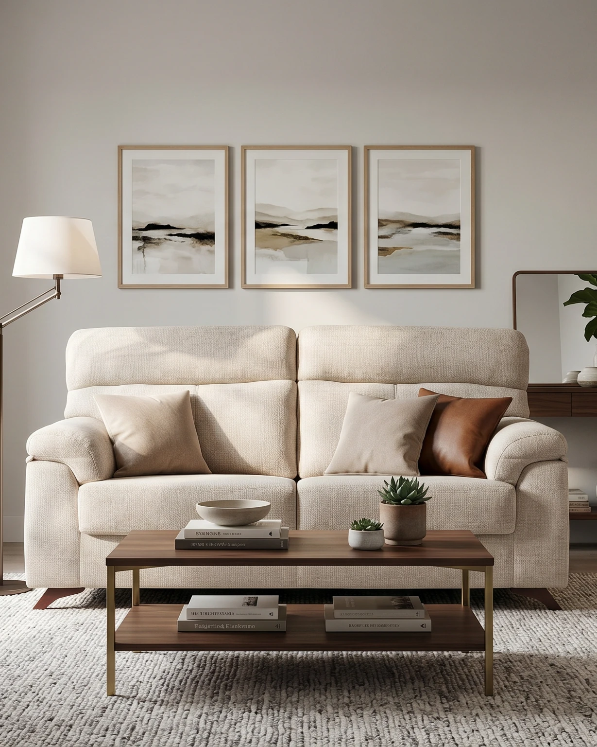 Sala de estar con sofá beige, mesa de café de madera y cuadros en la pared