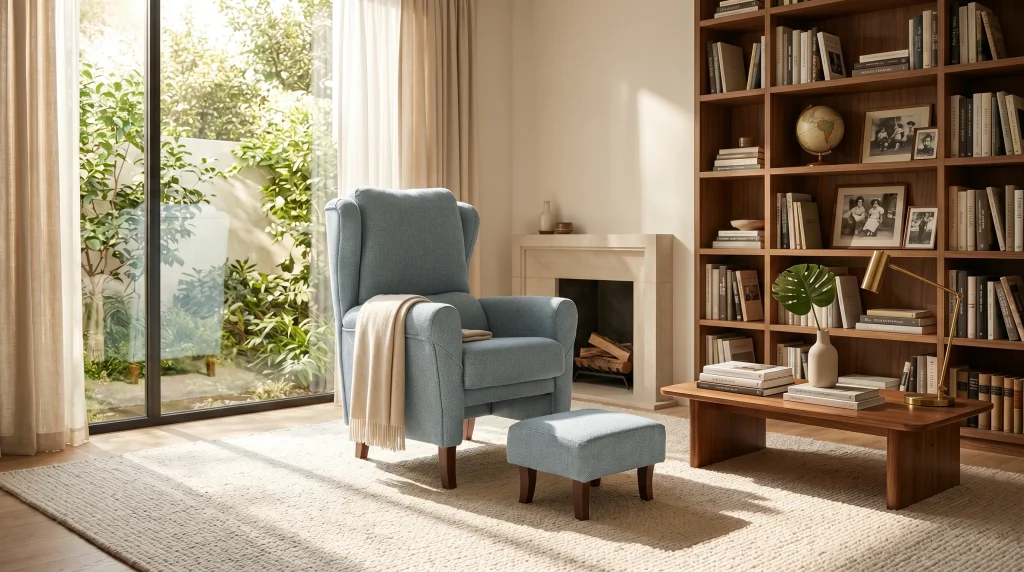 Sala de estar con silla reclinable azul, otomana y estantería de libros