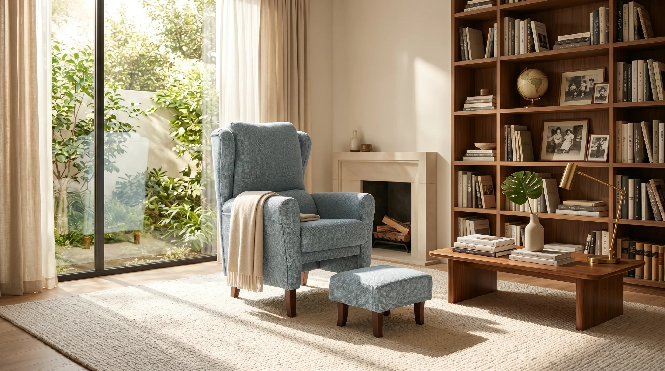 Sala de estar con silla reclinable azul, otomana y estantería de libros