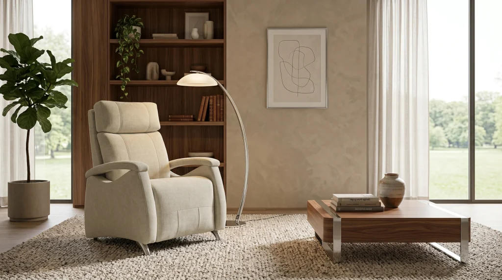 Sala de estar con silla reclinable beige, lámpara de pie y estantería de madera