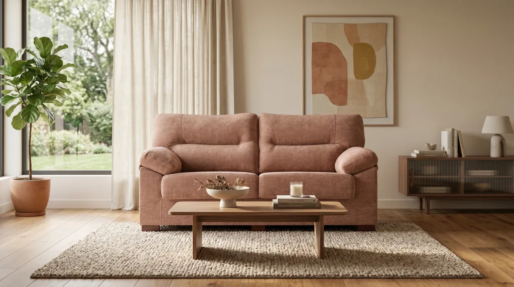Sala de estar con sofá rosa, mesa de café de madera y planta en maceta